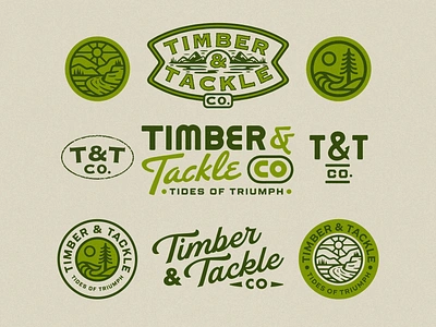 Timber & Tackle badge branding camp camping design fishhook fishing hunting illustration outdoors sun tackle texture timber tree vintage design vintage vibes wave waves