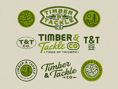 Timber & Tackle badge branding camp camping design fishhook fishing hunting illustration outdoors sun tackle texture timber tree vintage design vintage vibes wave waves