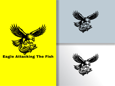 Eagle Attacking The Fish Logo alcon logo attacking black eagle company eagle eagle fish logo fish flight fly flying freedom hawk logo illustration outdoor ui ux vector wing wing logo wings