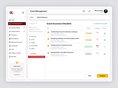 Event Insurance Checklist adminpanel dashboarddesign eventdashboard eventmanagementdesign eventplanning uiux userinterface webappdesign