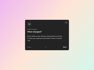 Product updates back component dark dark mode darkmode figma information minimal modal next popup previous product design product update product updates ui ux web design website what changed