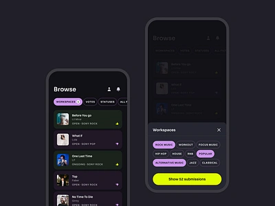 Catchy - Talent Discovery App app bottom sheet browse dark mode filter illustrations ios list mobile mobile app music product design strv strvcom tabs ui