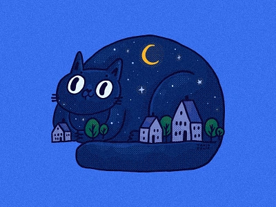 Big Night Cat 2d cat design digital art dreamy illustration illustrator imagine moon night night time sleep stars town