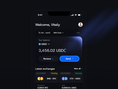 Crypto exchange wallet, iOS mobile app design 🪙 application bitcoin blockchain crypto cryptocurrency dark mode dark theme dark ui design exchange financial graphic design illustration investment minimal mobile trading ui ux web3