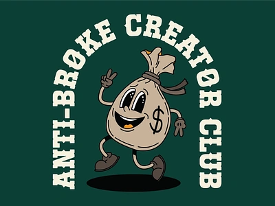 Anti-Broke Creator Club Money Bag Cartoon Character Mascot Logo adorable branding cartoon character character design creative cute friendly fun funny graphic design illustration illustrator logo logo design mascot vector visual identity