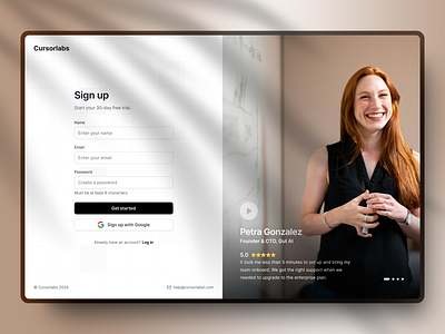 A sign up & login page (with testimonials) for Cursorlabs Co. b2b design design process login login page saas signup signup page testimonial ui ux website