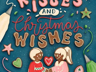 Gingerbread Kisses baking bookcover design christmas design digital illustration drawing challenge female illustrator frosty and festive gingerbread and joy greeting card design hand drawn hand lettering illustration procreate