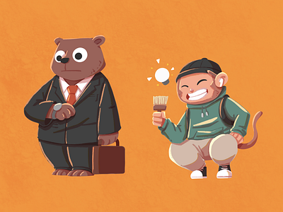 Bear & Monkey Character at work🐻🐵✨ 2d 2d illustration animal character animal character design animal illustration bear character bear illustration character character design character illustration digital illustration illustration illustrator monkey character monkey illustration