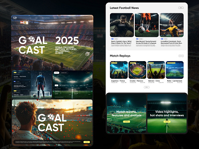 Website Design. Sport Platform bet cast football future goal live matches modern news platform replays scores sport stream ui website