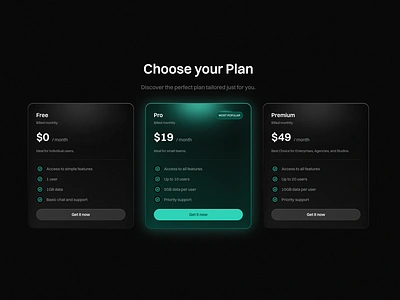 Pricing section for Framer built with Frameblox UI kit cyan dark gradient grey interface landing minimalist modern neon package plans price pricing pricing page pricing table saas ui ux