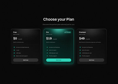 Pricing section for Framer built with Frameblox UI kit cyan dark gradient grey interface landing minimalist modern neon package plans price pricing pricing page pricing table saas ui ux