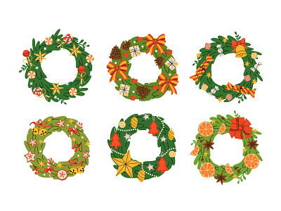 Christmas wreath set cartoon christmas collection concept decor design flat illustration vector winter wreath xmas