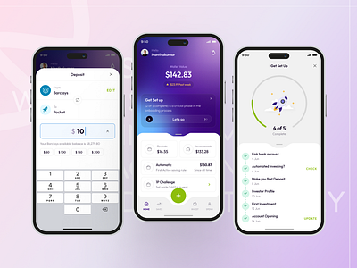 Stocks, Funds, Wallet App branding deposit finance fintech get set up graphic design invest ios mobile app pockets spend ui wallet app wallet value