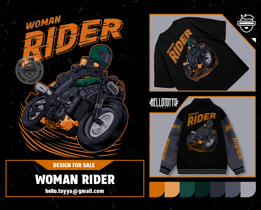(DESIGN FOR SALE) Woman Rider Illustration Tshirt Design apparel art artwork automotive branding clothing clothing brand design for sale graphic design harley illustration motorcycle rider streetwear touring tshirt design woman