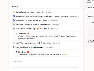 Activity Listing - History Control activity activity history blue compliance figma history light mode list listing minimal oneleet product design saas table timeline ui web