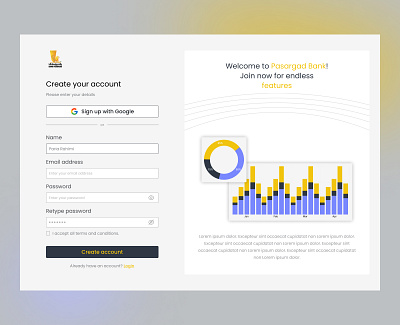 Data analyzer - Sign up account bank bar chart branding charts dark theme data design features google input light theme login pie chart security sign in sign up ui ui design website