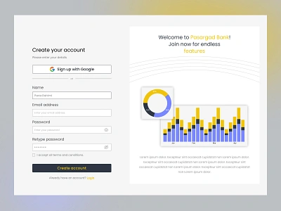 Data analyzer - Sign up account bank bar chart branding charts dark theme data design google input light theme login pie chart security sign in sign up ui ui design website