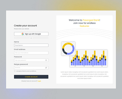 Data analyzer - Sign up account bank bar chart branding charts dark theme data design google input light theme login pie chart security sign in sign up ui ui design website