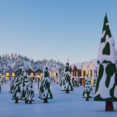 Christmas Village 3d christmas houses low poly mountains snow trees village