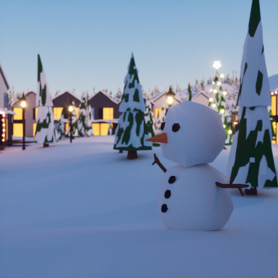 Snowman 3d christmas houses low poly snow snowman trees village