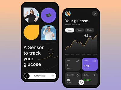 Glucose Monitoring App app design app ui app ux data visualization design diabtes health health tech healthcare healthcare app medical app mobile app mobile ui mobile ux modern ui monitoring sensor ui ux wellness