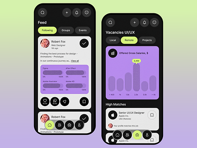 Job Search App for Designers app app design app ui career dark mode dark ui design hiring interface job hunting jobs mobile app modern ui remote work salary ui ui design ux ux design vacancies