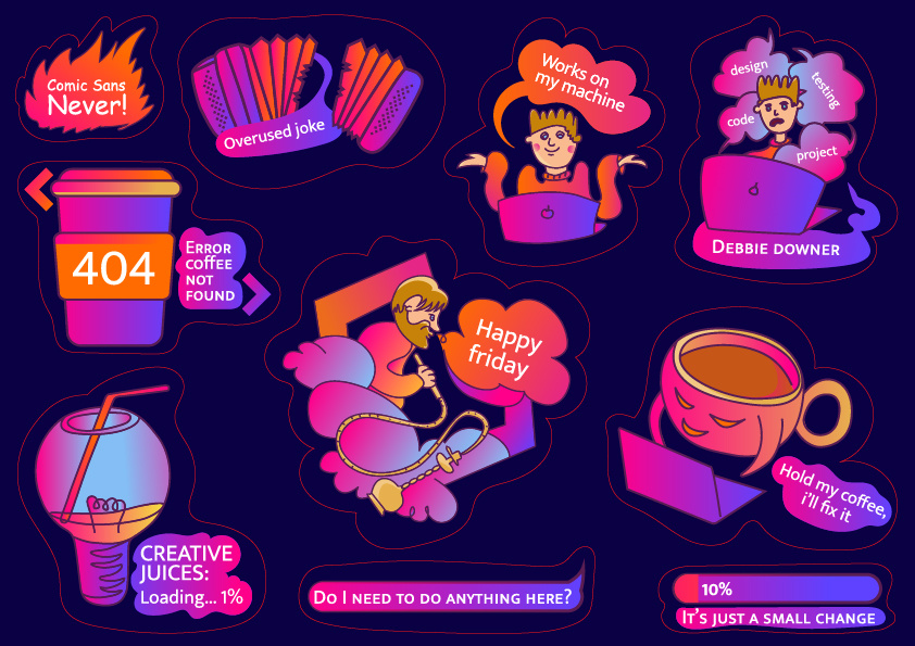 corporate stickers 404error bright colors coffee addict comic sans hate creative juices digital art freelance life funny stickers funnystickers happy friday illustration art it culture officelife stickerdesign techhumor