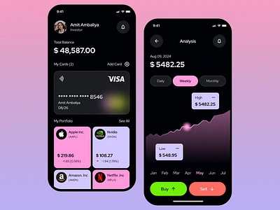 Investment Portfolio Mobile App app ui app ux data visualisation finance fintech interface design investment market analysis mobile app mobile ui mobile ux modern ui portfolio portfolio managament stocks trading ui ui design ux ux design