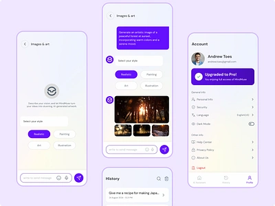 MindMuse – Image Creation & Account Screens ai art ai content generator ai image ai image genrator chat gpt chat gpt image image image generator mobile app mobile application notifaction page setting page settings ui ui design user experience user profile ux ux design