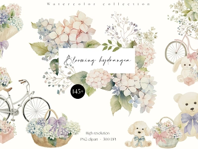 Blooming hydrangea collection birthday blooming hydrangea bouquet celebration clipart flower store french flower boutique greeting cards invitation packaging design party spring décor template valentines watercolor watercolor flowers watercolor hydrangea watercolor painting watercolor teddy bear wedding