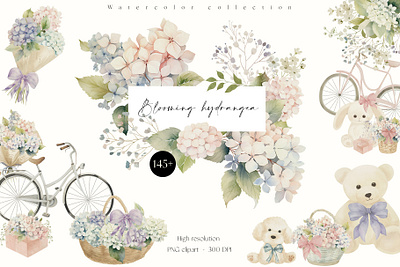 Blooming hydrangea collection birthday blooming hydrangea bouquet celebration clipart flower store french flower boutique greeting cards invitation packaging design party spring décor template valentines watercolor watercolor flowers watercolor hydrangea watercolor painting watercolor teddy bear wedding