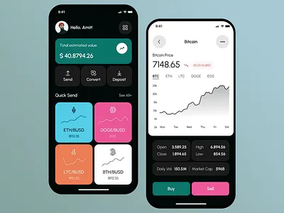 Cryptocurrency Wallet & Trading App app design bitcoin blockchain crypto crypto currency crypto trading crypto wallet design ethereum finance app investment litecoin market data mobile ui trading ui ui design ux ux design wallet