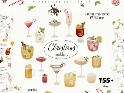 Christmas Cocktails - Holiday clipart beverage recipes beverages card cocktail illustrations cocktail recipes cocktails creativity cuisine drink recipes gingerbread martini holiday cocktails mojito png psd recipes card template wassail watercolor illustrations watercolor recipes winter cocktails