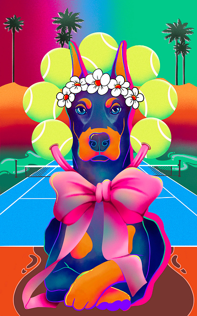 Queen adobe fresco adobe fresco illustration animal art bow california color cute digital digital art digital illustration doberman dog dog illustration flowers illustration queen tennis