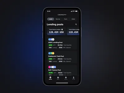 Lending pools on Coinify app blockchain design ui ux web3