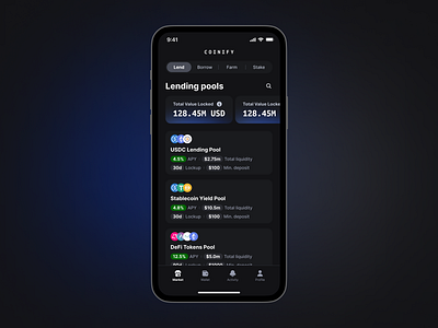 Lending pools on Coinify app blockchain design ui ux web3