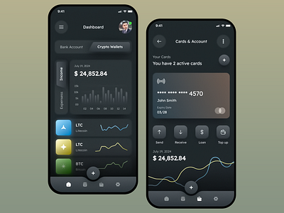 Crypto Wallet & Banking App Dashboard app design banking bitcoin card management crypto currency dark theme dark ui dashboard finance finance app fintech litecoin loan mobile app receive send top up ui ux wallet