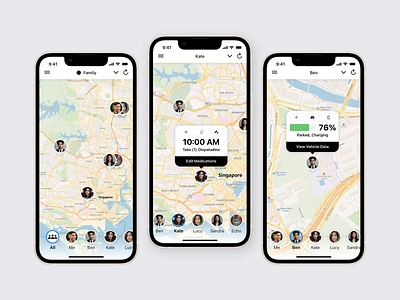 Assured+ Mobile App alert apple charge charging electric car family tracking group grouping interaction design iphone map mapping medication meds mobile app notification search searching ui ux