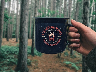 Campground Coffee Merch brand identity branding campfire camping coffee coffee mug graphic design hiking logo logo design merch outdoors patches pins pour over print