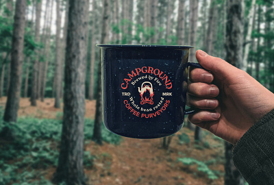 Campground Coffee Merch brand identity branding campfire camping coffee coffee mug graphic design hiking logo logo design merch outdoors patches pins pour over print