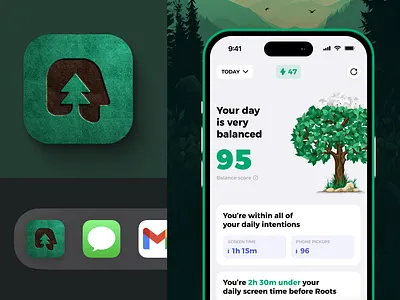 Find balance with Roots 3d app icon balance clean doomscrolling home icon ios minimalism minimalist mobile app overview phone detox phone free screen time skeumorphic social media detox statistic ux