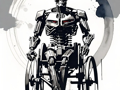 A terminator, but handicapped. cyberpunk handicap robot terminator villain watercolor wheelchair