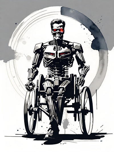 A terminator, but handicapped. cyberpunk handicap robot terminator villain watercolor wheelchair