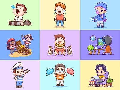 Random Characters👦🏻🛹💻 activity branding cartoon character coin cry cute doodle eating flat icon illustration logo money mood pilot skateboard working workspace