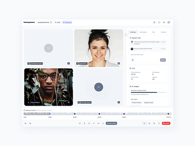 Meeting Assistant Interface with Real-Time AI Insights ai ai insights app call recording chat conversations design meetings minimal summary transcript ui ux