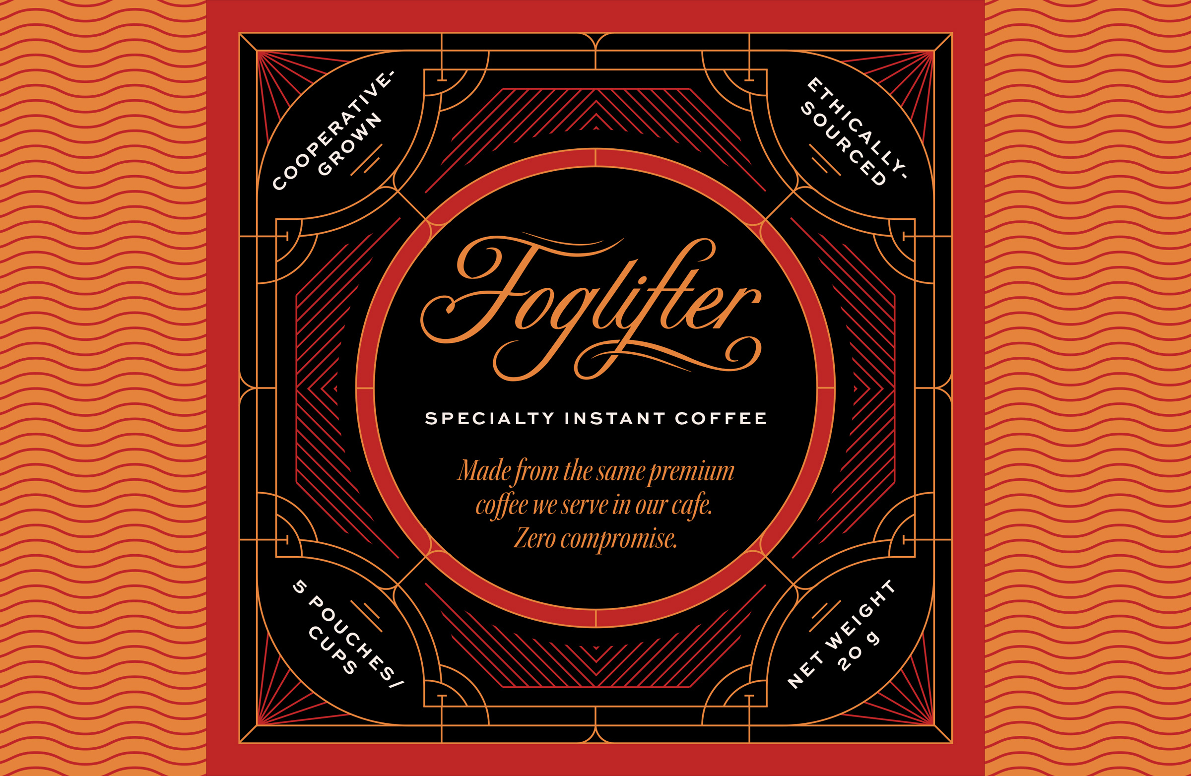 Foglifter Instant Coffee art deco branding coffee design graphic design label lettering line work logo optical illusion packaging stippling typography