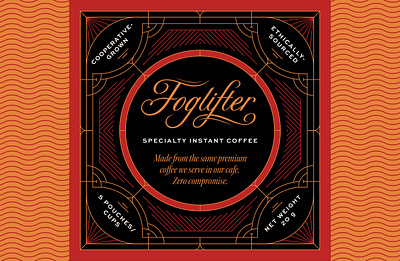 Foglifter Instant Coffee art deco branding coffee design graphic design label lettering line work logo optical illusion packaging stippling typography