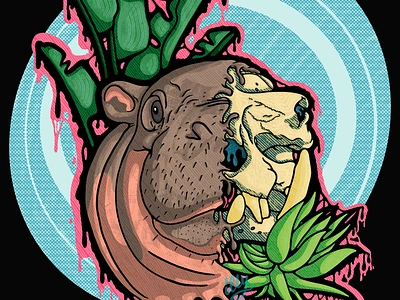 Drippy Moo Deng Drawing baby hippo colorful and creepy drip art drippy drippy design floral funky design halftone background halloween hippo moo deng procreate procreate illustration retro aesthetic skull art spooky spooky art surreal vibes tropical tropical vibes