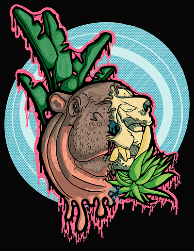 Drippy Moo Deng Drawing baby hippo colorful and creepy drip art drippy drippy design floral funky design halftone background halloween hippo moo deng procreate procreate illustration retro aesthetic skull art spooky spooky art surreal vibes tropical tropical vibes