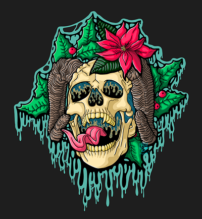 Drippy Krampus Skull Drawing christmas art dark christmas dark festive dark holiday drip art drip effect drippy art drippy krampus art experimental holiday art gothic christmas gothic holiday illustration holiday art krampus krampus skull krampusnacht melting krampus art poinsettia and skull surreal skull